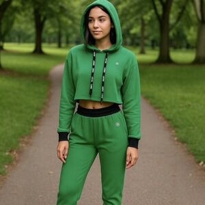 Salty Honey 2‎ Piece Green Ribbed Cropped Hoodie Jogger Set Womens M Loungewear